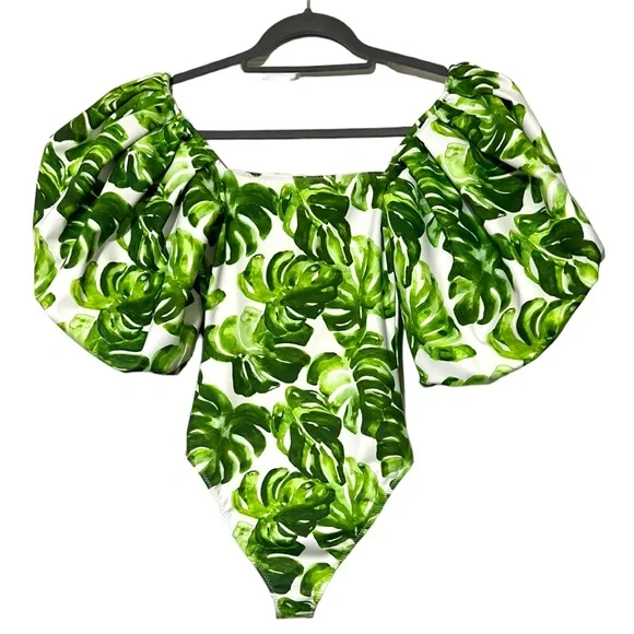 Caroline Constas Nova Off-Shoulder Puff Sleeve One Piece in Green Palm Leaf XS - Picture 4 of 10